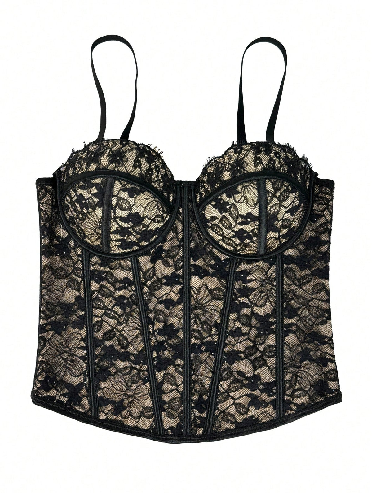 Women's Black Lace Floral Trim Bustier Corset Shapewear Casual Summer, Y2K Aesthetic