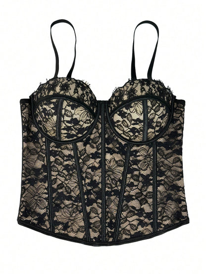 Women's Black Lace Floral Trim Bustier Corset Shapewear Casual Summer, Y2K Aesthetic