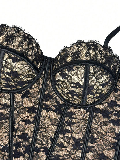 Women's Black Lace Floral Trim Bustier Corset Shapewear Casual Summer, Y2K Aesthetic