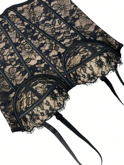 Women's Black Lace Floral Trim Bustier Corset Shapewear Casual Summer, Y2K Aesthetic