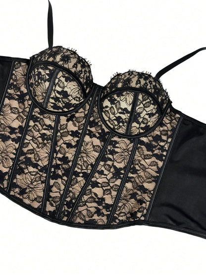 Women's Black Lace Floral Trim Bustier Corset Shapewear Casual Summer, Y2K Aesthetic