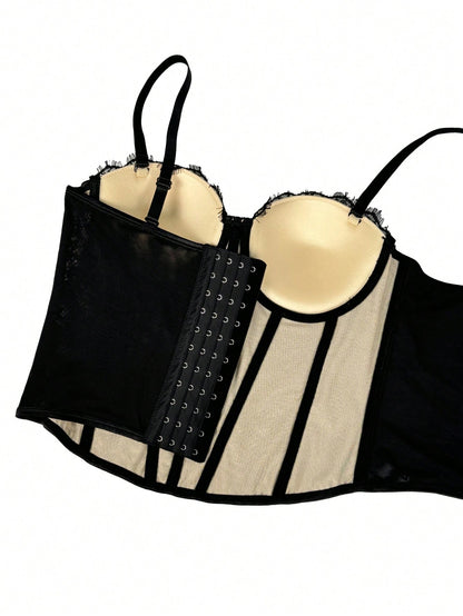 Women's Black Lace Floral Trim Bustier Corset Shapewear Casual Summer, Y2K Aesthetic