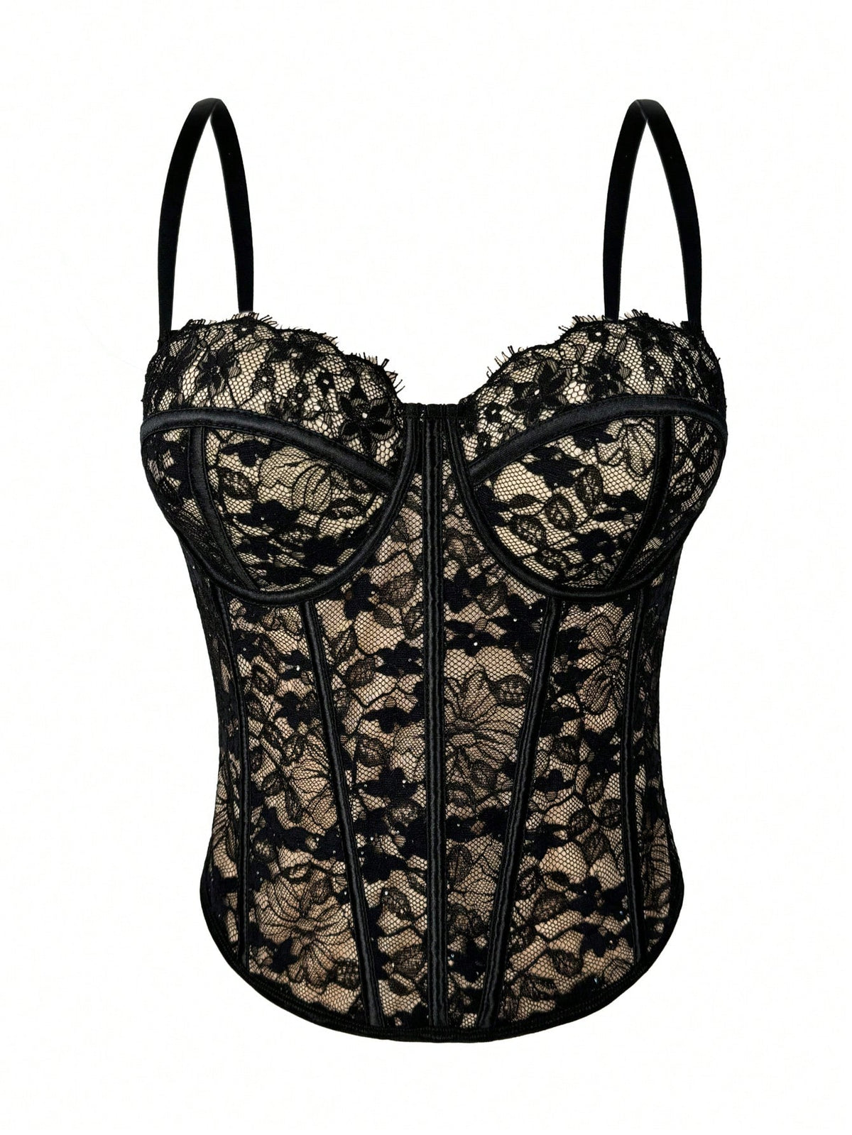 Women's Black Lace Floral Trim Bustier Corset Shapewear Casual Summer, Y2K Aesthetic