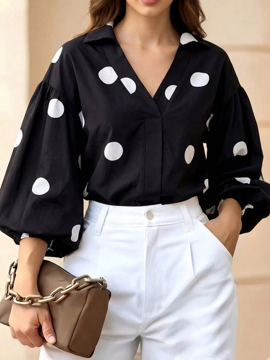 Women's Black Polka Dot Lantern Sleeve V-Neck Blouse, Elegant Vacation & Office Style Fashion Top, Autumn Clothing