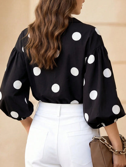 Women's Black Polka Dot Lantern Sleeve V-Neck Blouse, Elegant Vacation & Office Style Fashion Top, Autumn Clothing