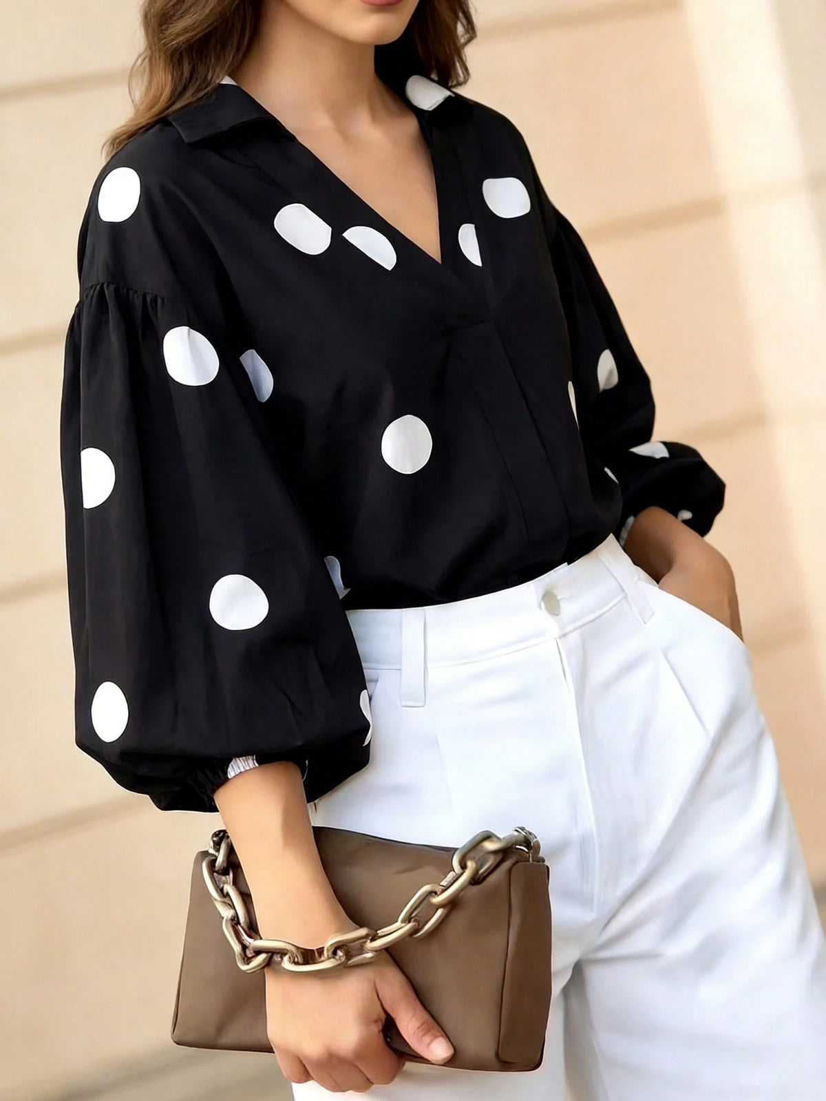 Women's Black Polka Dot Lantern Sleeve V-Neck Blouse, Elegant Vacation & Office Style Fashion Top, Autumn Clothing
