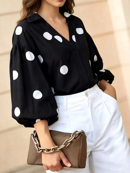 Women's Black Polka Dot Lantern Sleeve V-Neck Blouse, Elegant Vacation & Office Style Fashion Top, Autumn Clothing
