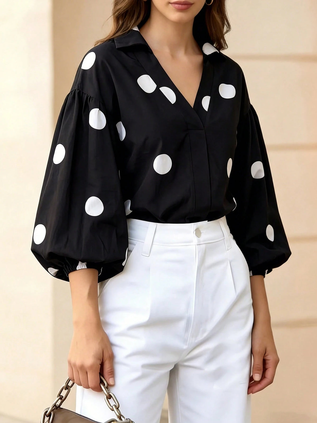 Women's Black Polka Dot Lantern Sleeve V-Neck Blouse, Elegant Vacation & Office Style Fashion Top, Autumn Clothing