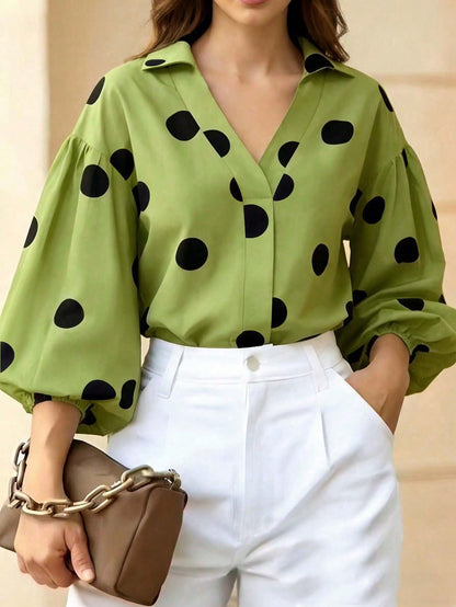 Women's Black Polka Dot Lantern Sleeve V-Neck Blouse, Elegant Vacation & Office Style Fashion Top, Autumn Clothing