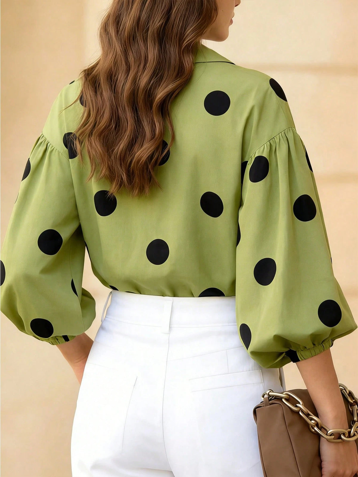 Women's Black Polka Dot Lantern Sleeve V-Neck Blouse, Elegant Vacation & Office Style Fashion Top, Autumn Clothing