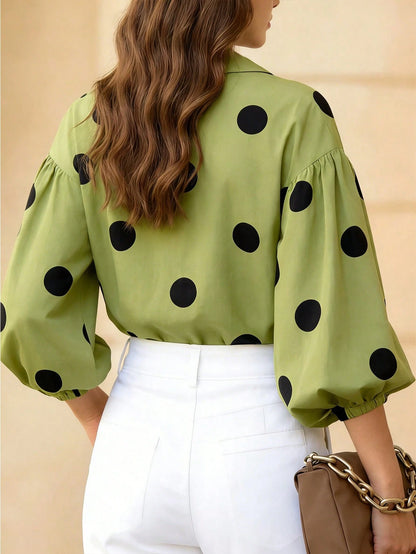 Women's Black Polka Dot Lantern Sleeve V-Neck Blouse, Elegant Vacation & Office Style Fashion Top, Autumn Clothing