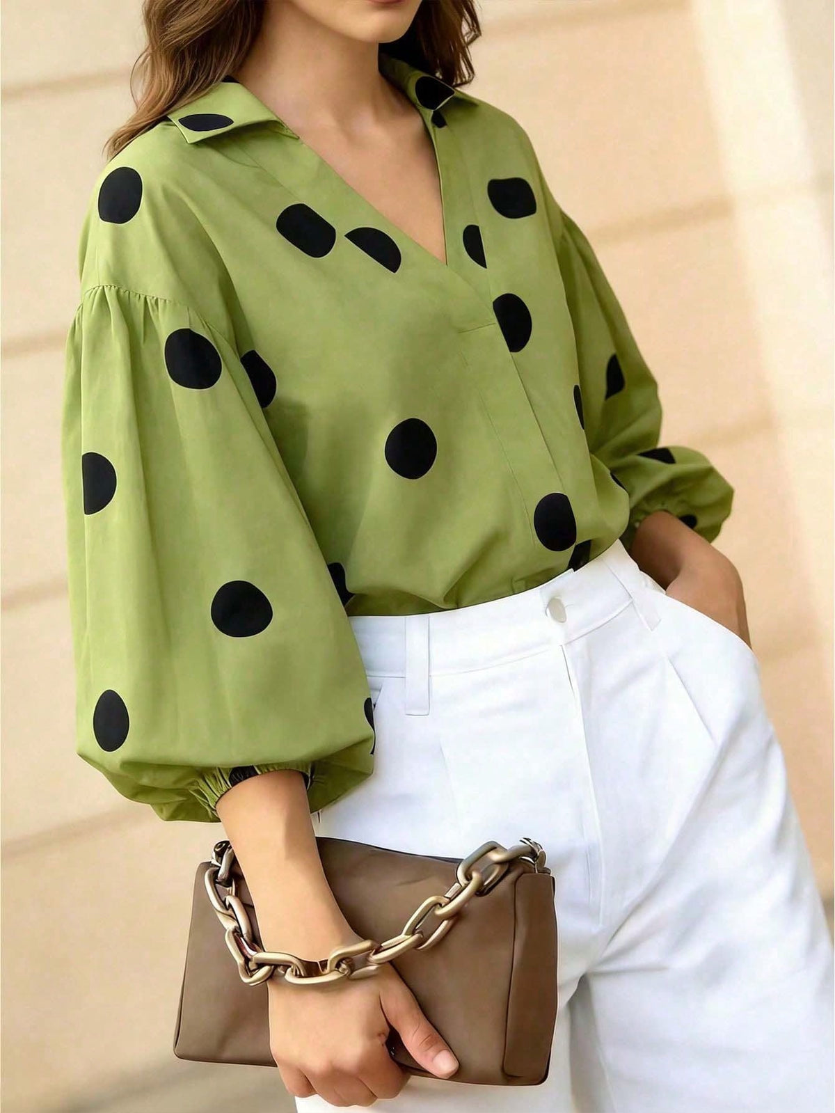 Women's Black Polka Dot Lantern Sleeve V-Neck Blouse, Elegant Vacation & Office Style Fashion Top, Autumn Clothing