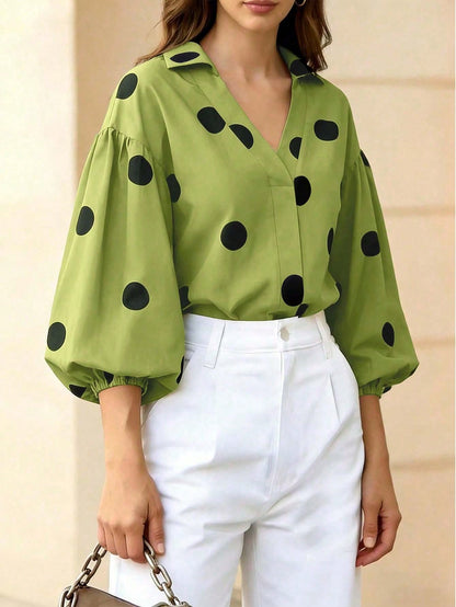 Women's Black Polka Dot Lantern Sleeve V-Neck Blouse, Elegant Vacation & Office Style Fashion Top, Autumn Clothing