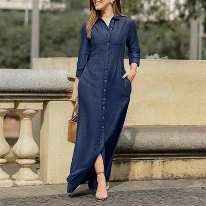Women's Blue Denim Shirt Maxi Dress, 3/4 Sleeve Button-Front Casual Long Dress With Pockets