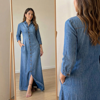 Women's Blue Denim Shirt Maxi Dress, 3/4 Sleeve Button-Front Casual Long Dress With Pockets