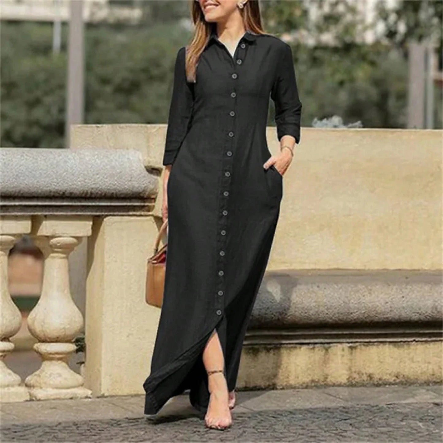 Women's Blue Denim Shirt Maxi Dress, 3/4 Sleeve Button-Front Casual Long Dress With Pockets
