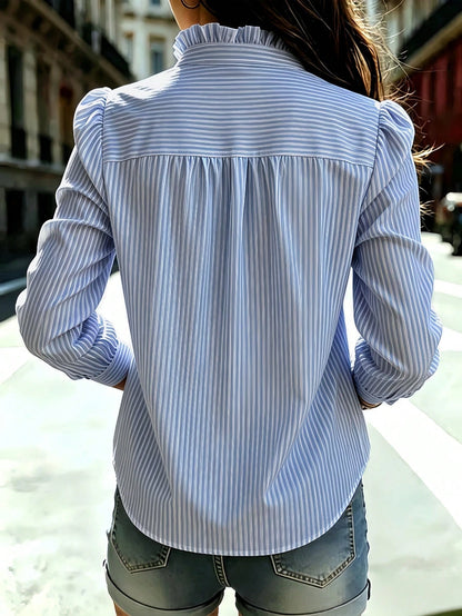 Women's Blue Striped Shirt With A Ruffled Collar, Long Regular Sleeves With Button Details, Standard Length, Perfect For Spring, Summer, And Fall, French Girl Style