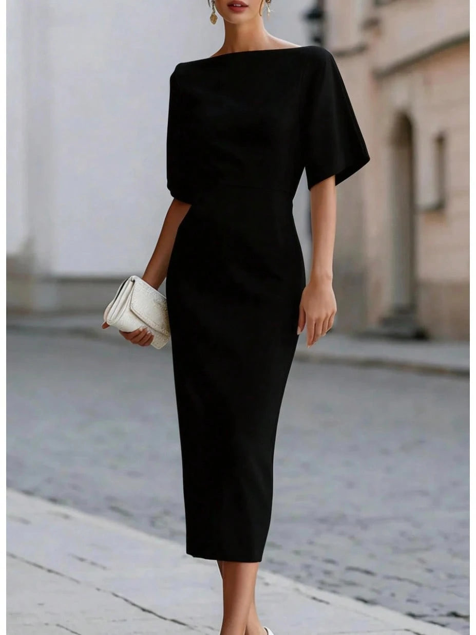 Women's Boat Neck Short Sleeve Midi Dress, Form-Fitting Minimalist Elegant Dress, Formal Bridal Cocktail Special Occasion Outfit