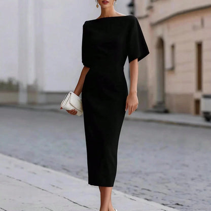 Women's Boat Neck Short Sleeve Midi Dress, Form-Fitting Minimalist Elegant Dress, Formal Bridal Cocktail Special Occasion Outfit