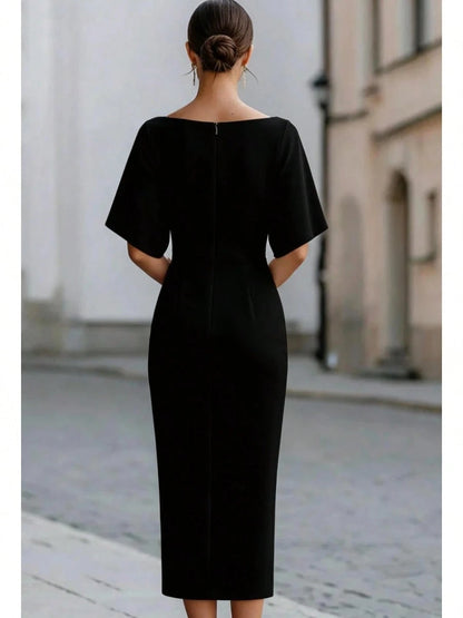 Women's Boat Neck Short Sleeve Midi Dress, Form-Fitting Minimalist Elegant Dress, Formal Bridal Cocktail Special Occasion Outfit