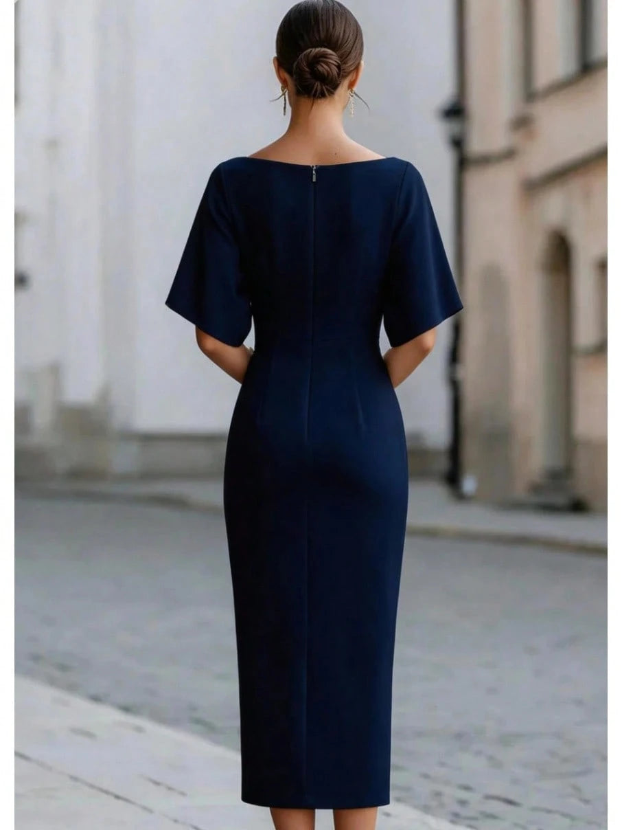 Women's Boat Neck Short Sleeve Midi Dress, Form-Fitting Minimalist Elegant Dress, Formal Bridal Cocktail Special Occasion Outfit