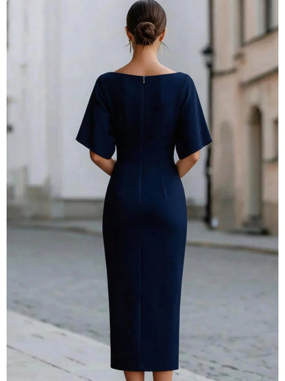 Women's Boat Neck Short Sleeve Midi Dress, Form-Fitting Minimalist Elegant Dress, Formal Bridal Cocktail Special Occasion Outfit