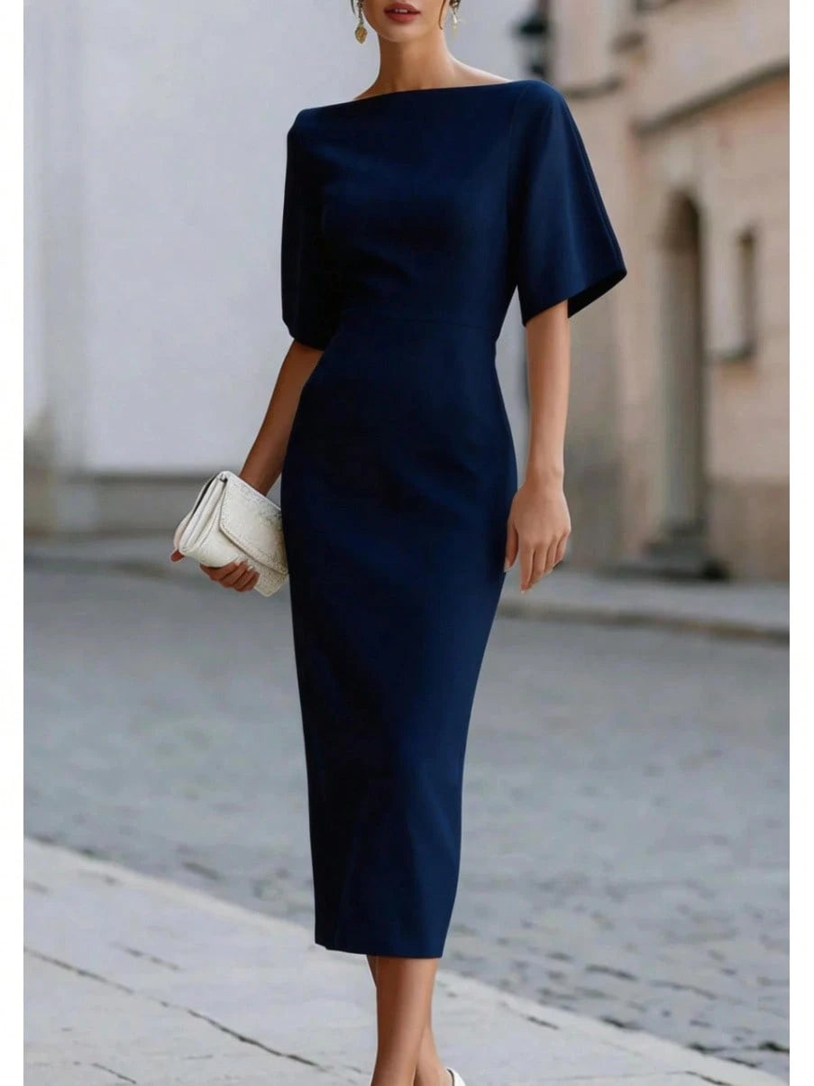 Women's Boat Neck Short Sleeve Midi Dress, Form-Fitting Minimalist Elegant Dress, Formal Bridal Cocktail Special Occasion Outfit