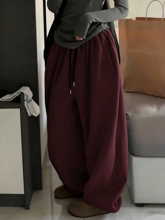 Women's Burgundy Drawstring Elastic Waist Pockets Loose Cuffed Sweatpants