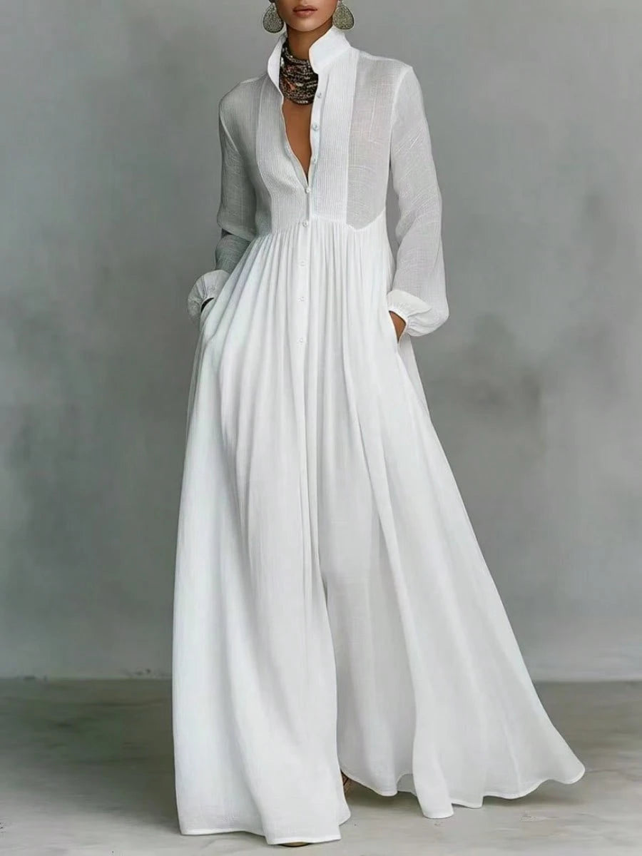Women's Button-Down Maxi Shirt Dress, Long Sleeve Stand Collar Pleated Flowy Dress, Casual Elegant Outfit With Pockets