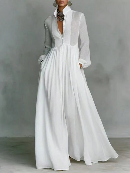 Women's Button-Down Maxi Shirt Dress, Long Sleeve Stand Collar Pleated Flowy Dress, Casual Elegant Outfit With Pockets