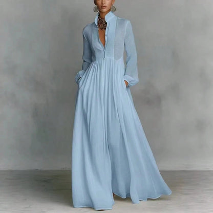 Women's Button-Down Maxi Shirt Dress, Long Sleeve Stand Collar Pleated Flowy Dress, Casual Elegant Outfit With Pockets