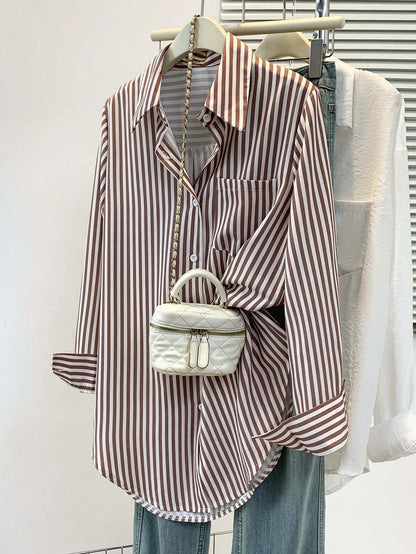 Women's Casual Basic Striped Pointed Collar Long Sleeve Shirt Blouse With Button Pockets, Suitable For Daily Office Wear, Autumn/Winter/Spring