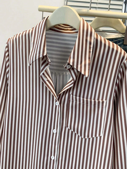Women's Casual Basic Striped Pointed Collar Long Sleeve Shirt Blouse With Button Pockets, Suitable For Daily Office Wear, Autumn/Winter/Spring