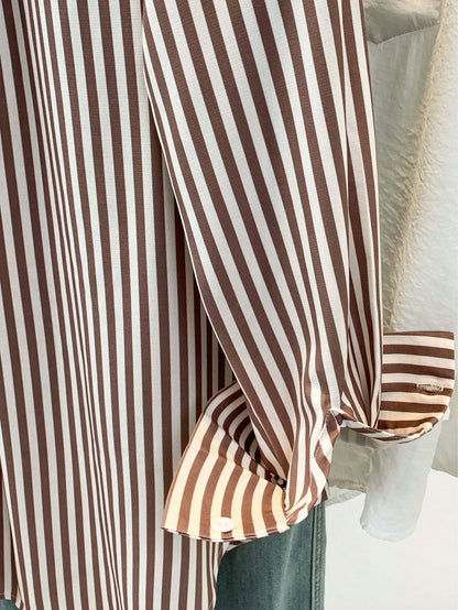 Women's Casual Basic Striped Pointed Collar Long Sleeve Shirt Blouse With Button Pockets, Suitable For Daily Office Wear, Autumn/Winter/Spring