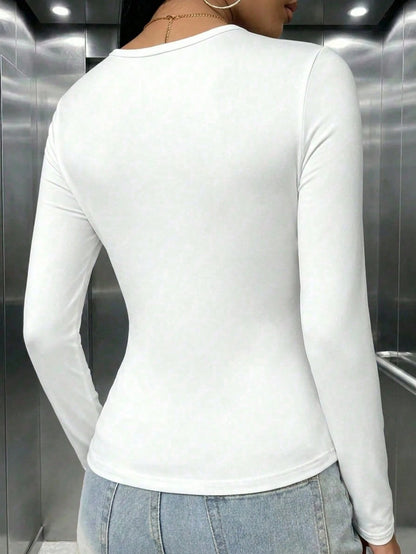 Women's Casual Cotton Slim Fit Long Sleeve T-Shirt For Daily Wear, Fall Winter, Going Out, White Top