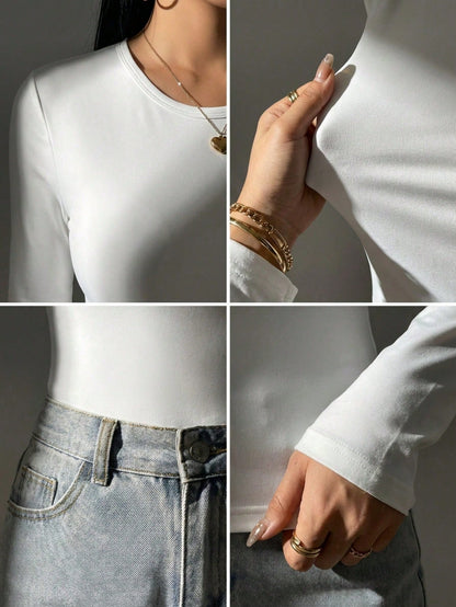 Women's Casual Cotton Slim Fit Long Sleeve T-Shirt For Daily Wear, Fall Winter, Going Out, White Top