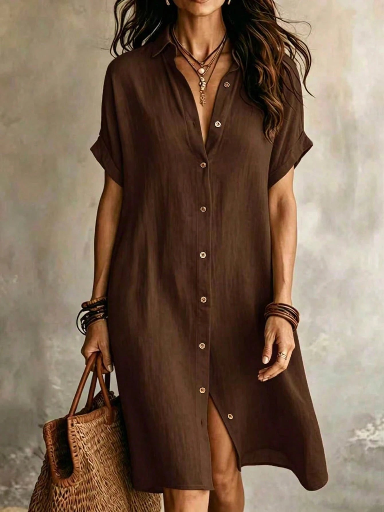 Women's Casual Ivory Woven Shirt Dress, Collared Short Sleeve Front Button Design, Asymmetric Hemline, Knee Length Elegant, Quiet Luxury Summer, Effortless Style