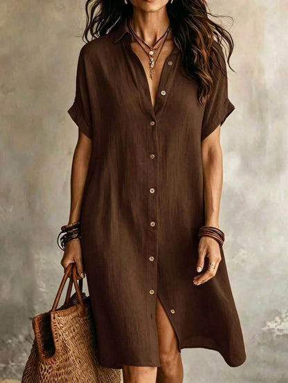 Women's Casual Ivory Woven Shirt Dress, Collared Short Sleeve Front Button Design, Asymmetric Hemline, Knee Length Elegant, Quiet Luxury Summer, Effortless Style