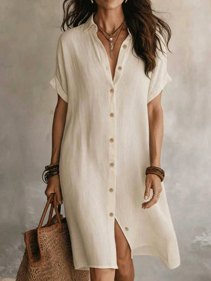 Women's Casual Ivory Woven Shirt Dress, Collared Short Sleeve Front Button Design, Asymmetric Hemline, Knee Length Elegant Summer, Midi