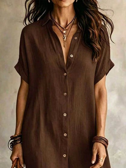 Women's Casual Ivory Woven Shirt Dress, Collared Short Sleeve Front Button Design, Asymmetric Hemline, Knee Length Elegant, Quiet Luxury Summer, Effortless Style