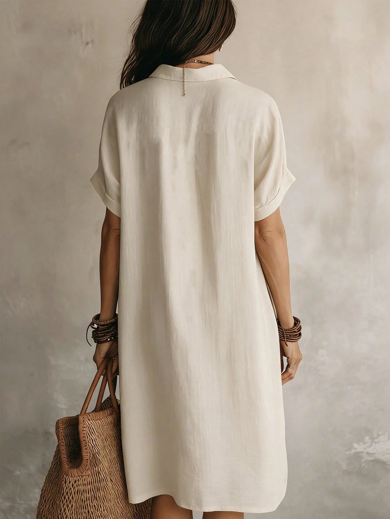 Women's Casual Ivory Woven Shirt Dress, Collared Short Sleeve Front Button Design, Asymmetric Hemline, Knee Length Elegant Summer, Midi