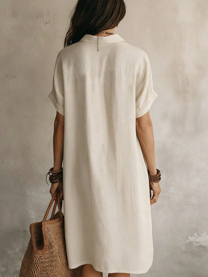 Women's Casual Ivory Woven Shirt Dress, Collared Short Sleeve Front Button Design, Asymmetric Hemline, Knee Length Elegant Summer, Midi