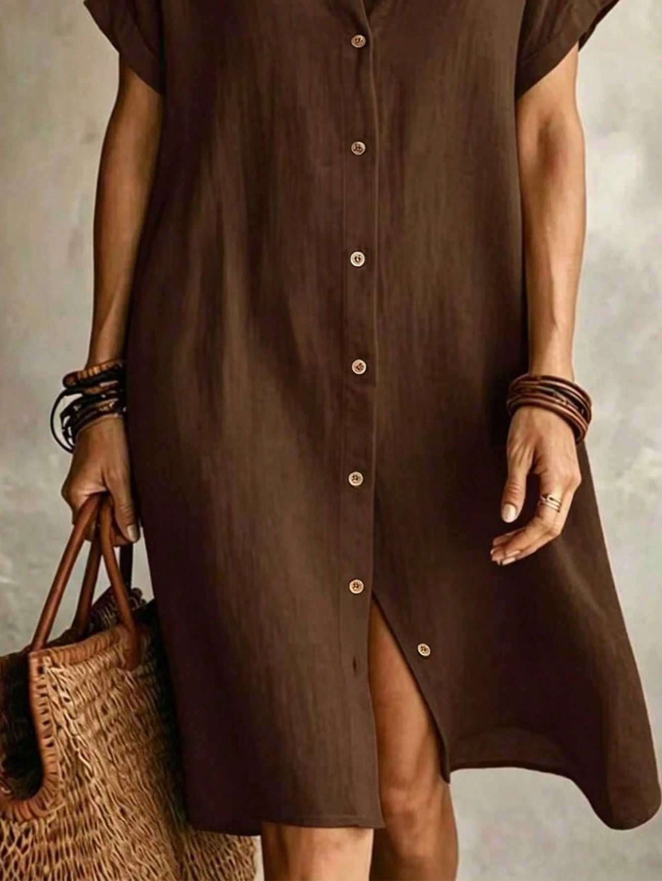 Women's Casual Ivory Woven Shirt Dress, Collared Short Sleeve Front Button Design, Asymmetric Hemline, Knee Length Elegant, Quiet Luxury Summer, Effortless Style