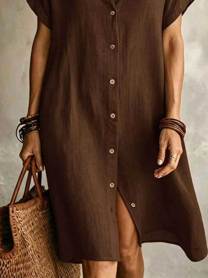 Women's Casual Ivory Woven Shirt Dress, Collared Short Sleeve Front Button Design, Asymmetric Hemline, Knee Length Elegant, Quiet Luxury Summer, Effortless Style