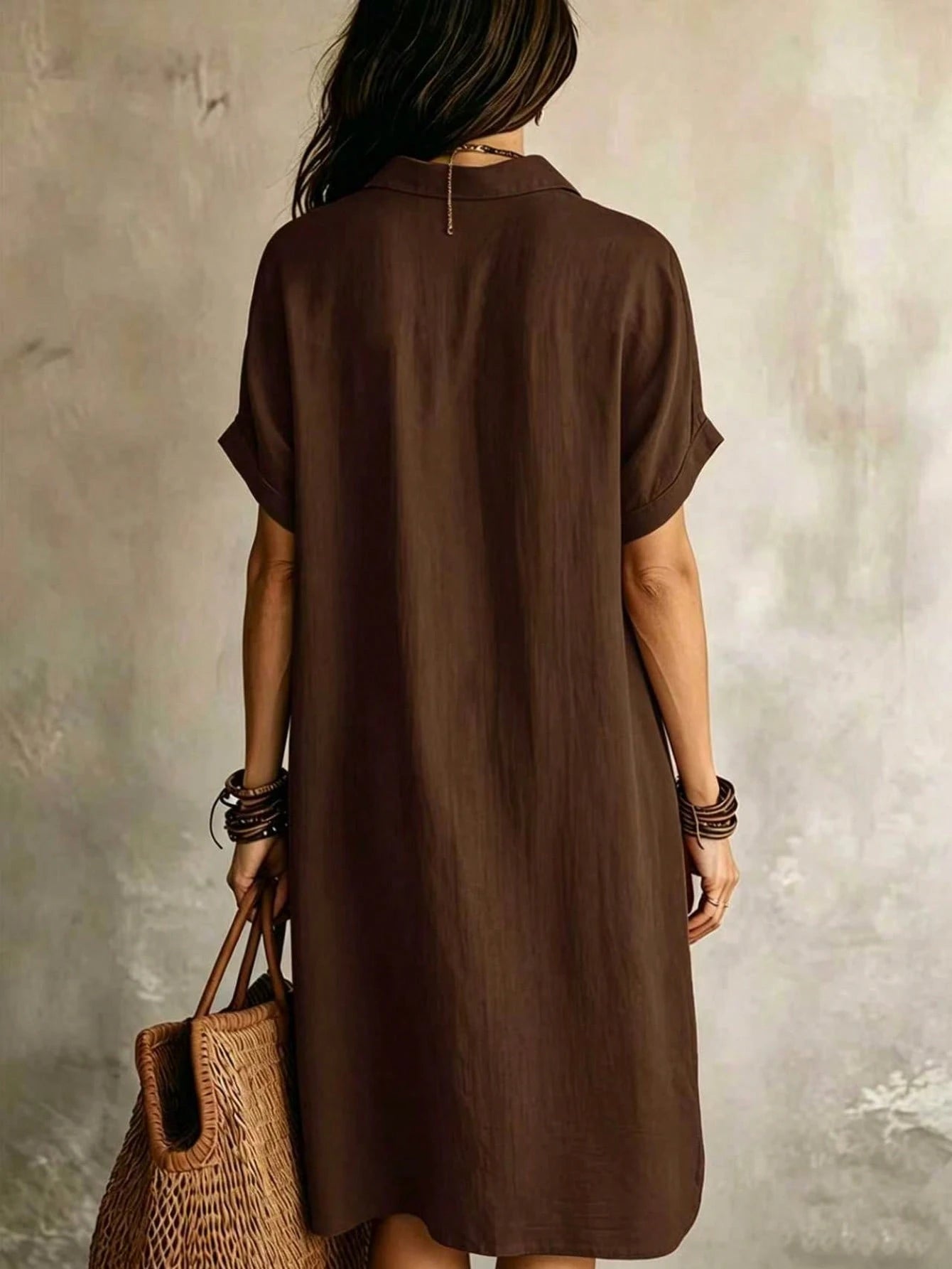 Women's Casual Ivory Woven Shirt Dress, Collared Short Sleeve Front Button Design, Asymmetric Hemline, Knee Length Elegant, Quiet Luxury Summer, Effortless Style