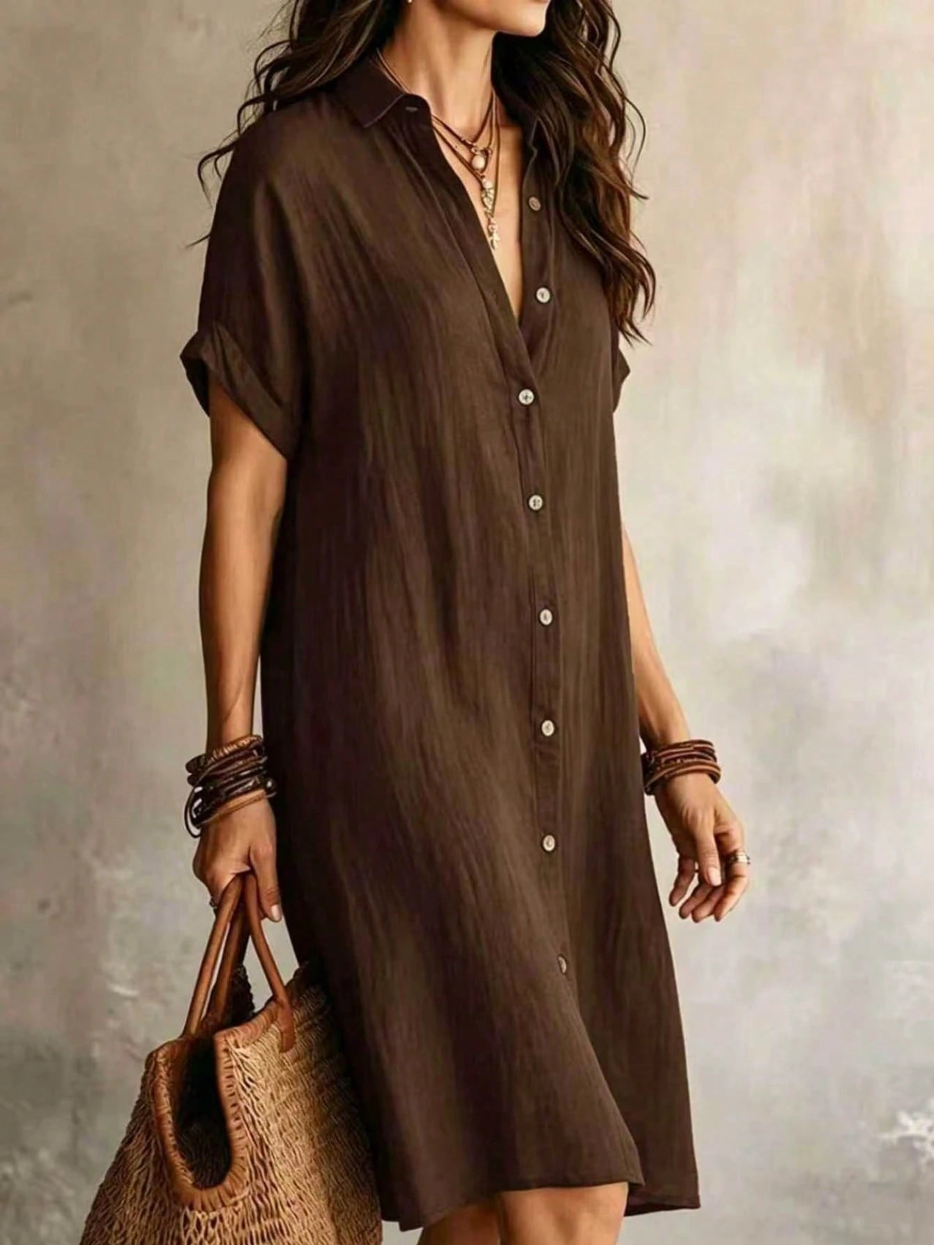 Women's Casual Ivory Woven Shirt Dress, Collared Short Sleeve Front Button Design, Asymmetric Hemline, Knee Length Elegant, Quiet Luxury Summer, Effortless Style