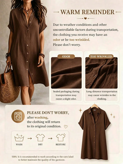 Women's Casual Ivory Woven Shirt Dress, Collared Short Sleeve Front Button Design, Asymmetric Hemline, Knee Length Elegant, Quiet Luxury Summer, Effortless Style