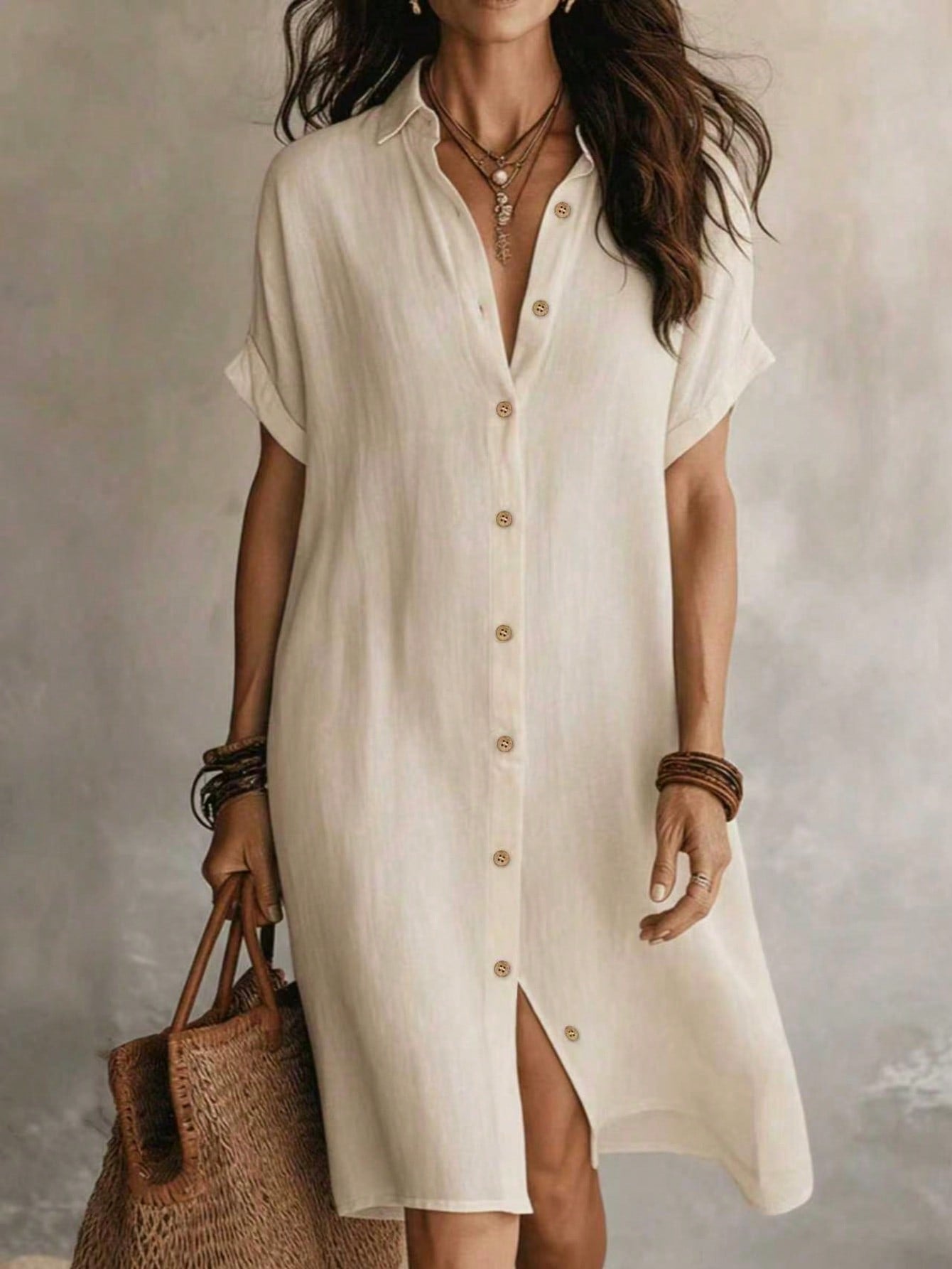 Women's Casual Ivory Woven Shirt Dress, Collared Short Sleeve Front Button Design, Asymmetric Hemline, Knee Length Elegant Summer, Midi