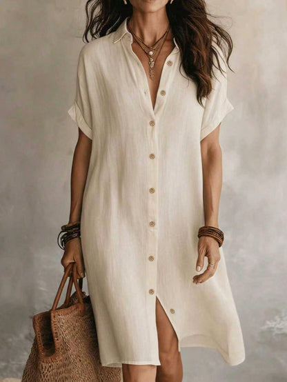 Women's Casual Ivory Woven Shirt Dress, Collared Short Sleeve Front Button Design, Asymmetric Hemline, Knee Length Elegant Summer, Midi