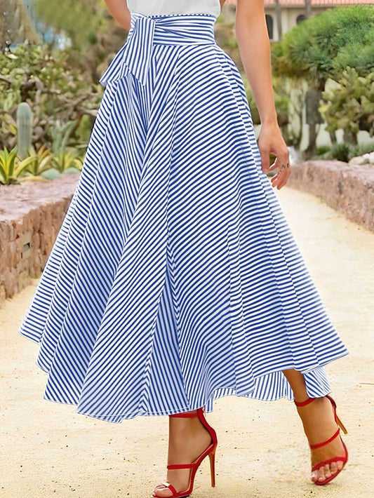 Women's Casual Loose A-Line Knotted Waist Striped Skirt Elegant